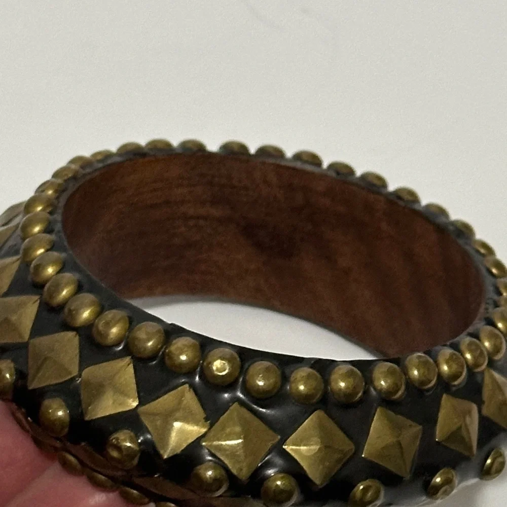 Artisan Studded Black and Gold wooden Bangle from Etsy - Picture 4 of 5
